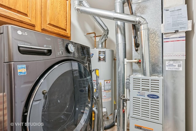 utility room featuring water heater, washer / clothes dryer, and heating unit