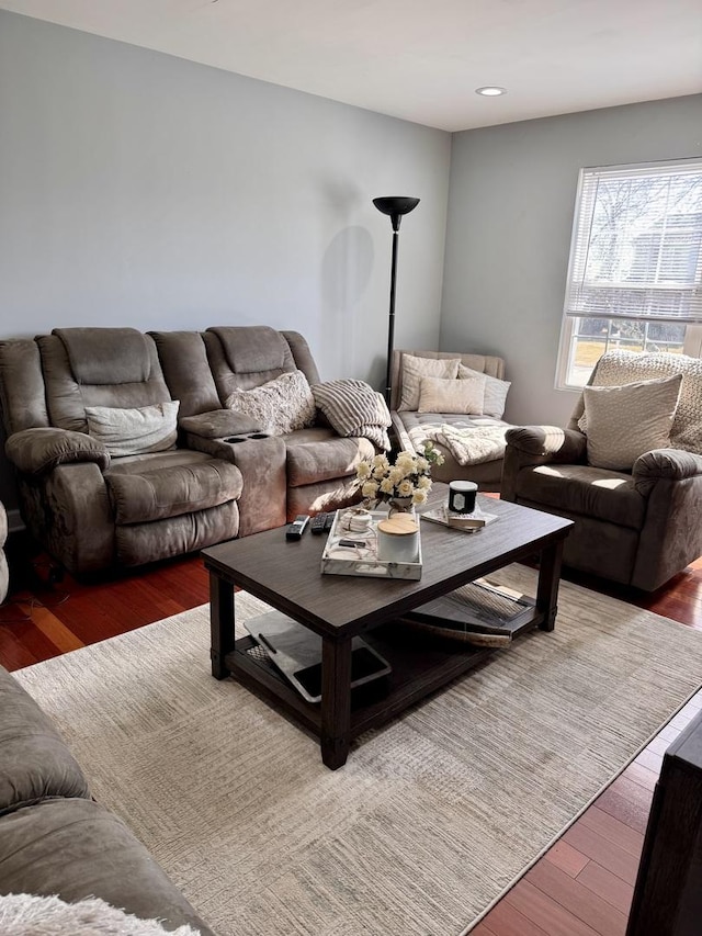 living room featuring recessed lighting and wood finished floors