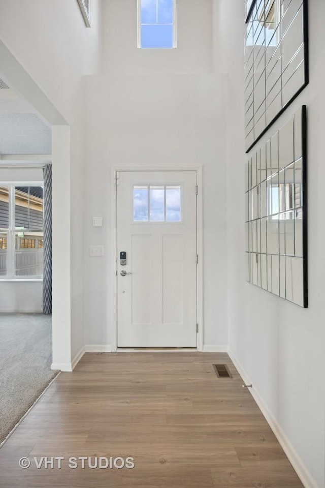 foyer entrance featuring baseboards, a towering ceiling, and wood finished floors