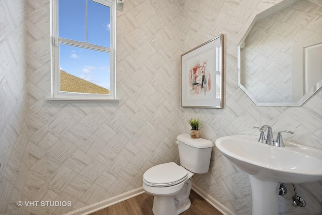 half bath with a sink, toilet, and wood finished floors