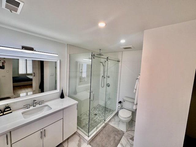 bathroom featuring toilet, marble finish floor, a stall shower, and visible vents