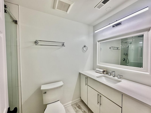 bathroom with a shower with shower door, marble finish floor, visible vents, and toilet