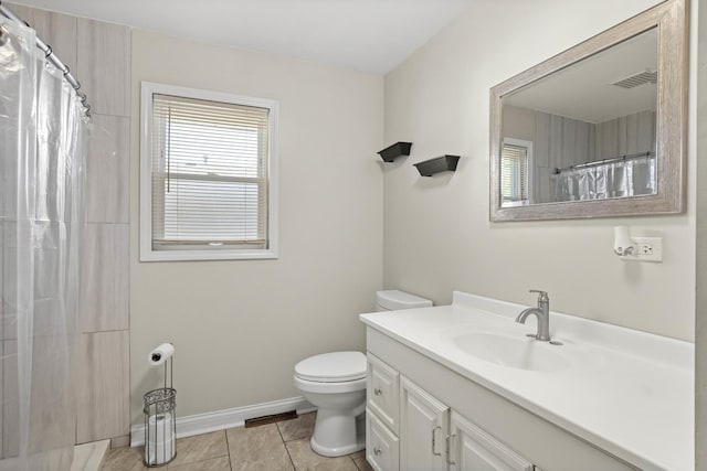 full bath featuring baseboards, visible vents, toilet, tile patterned floors, and vanity