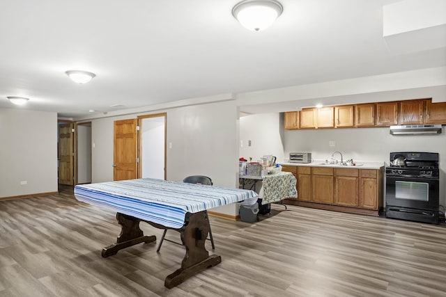 recreation room with a sink, light wood-style flooring, and baseboards