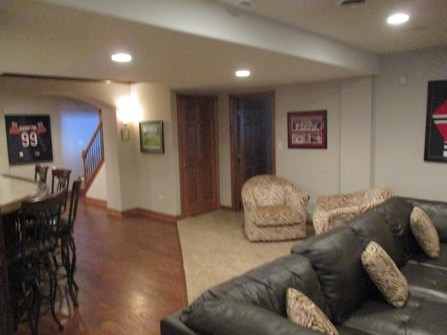 8032 Abbey Rd, Tinley Park, IL 60477 - living room with recessed lighting, stairway, wood finished floors, and baseboards