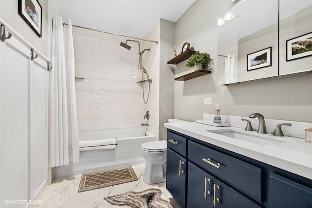 bathroom with shower / tub combo, marble finish floor, vanity, and toilet