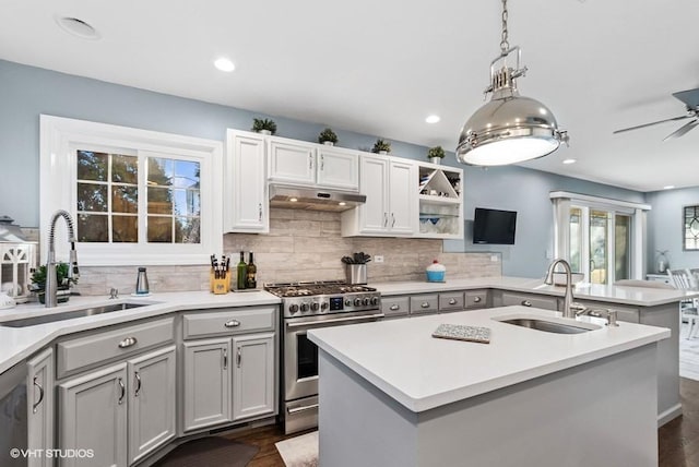 kitchen featuring under cabinet range hood, appliances with stainless steel finishes, gray cabinets, and a sink