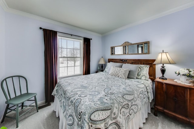 bedroom with light carpet and ornamental molding