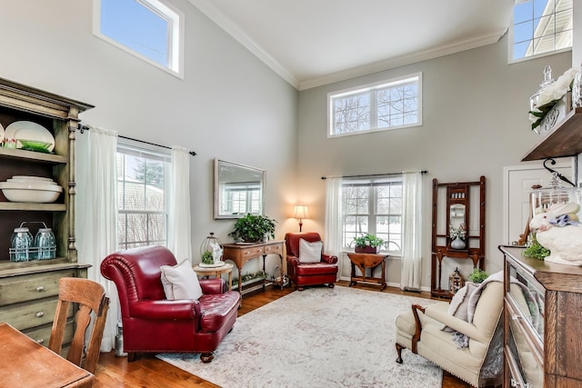 living area with baseboards, wood finished floors, a towering ceiling, and crown molding