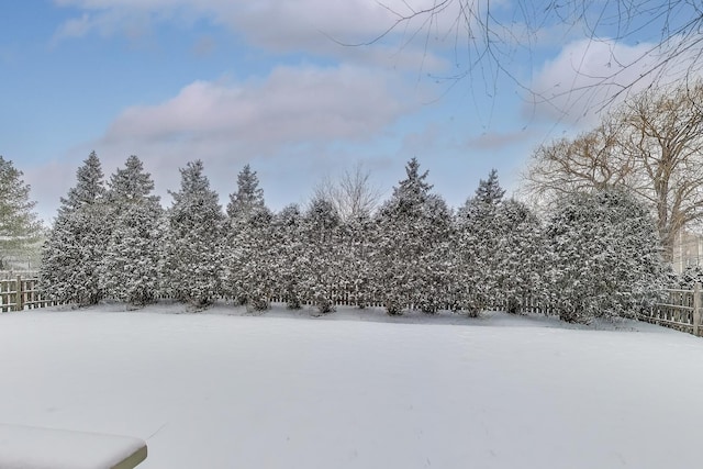 yard layered in snow with fence