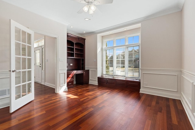 empty room featuring recessed lighting, visible vents, french doors, dark wood-style floors, and crown molding