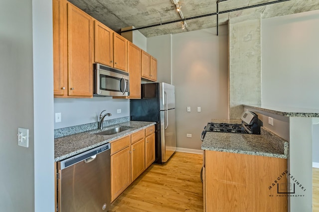 kitchen with baseboards, light wood-style flooring, appliances with stainless steel finishes, stone counters, and a sink