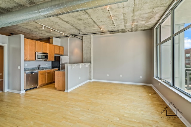 kitchen featuring stainless steel appliances, a healthy amount of sunlight, and light wood-style floors