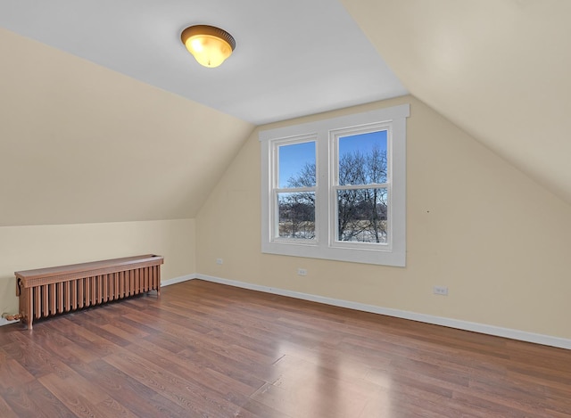 additional living space featuring lofted ceiling, radiator, baseboards, and wood finished floors