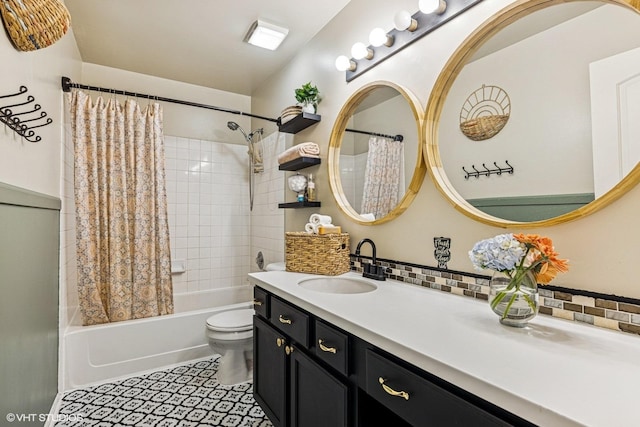 bathroom with decorative backsplash, toilet, tile patterned floors, shower / bath combo with shower curtain, and vanity