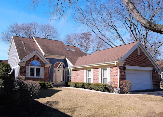 view of front facade with a garage, a shingled roof, a front lawn, and brick siding