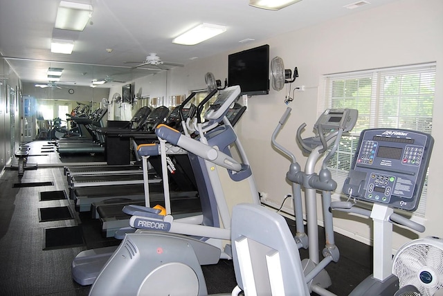 workout area with ceiling fan