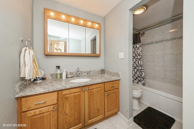 bathroom with toilet, tile patterned floors, shower / tub combo, and vanity