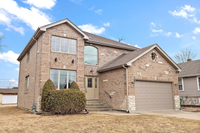 traditional home featuring a garage, concrete driveway, brick siding, and a shingled roof