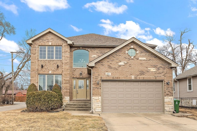 view of front facade with brick siding, a shingled roof, concrete driveway, an attached garage, and stone siding