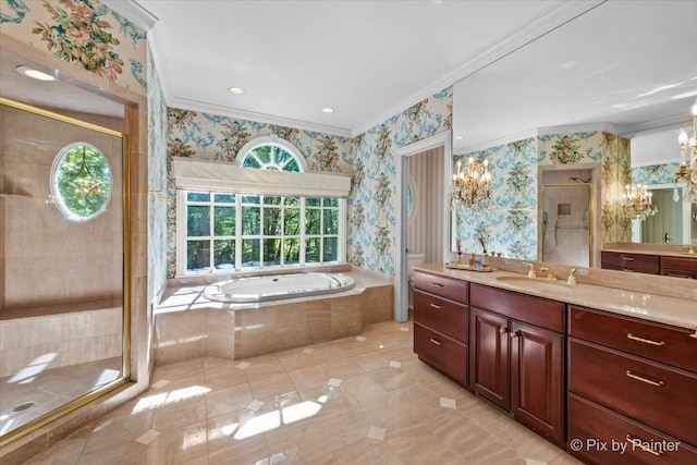 bathroom with a chandelier, a stall shower, a bath, and wallpapered walls