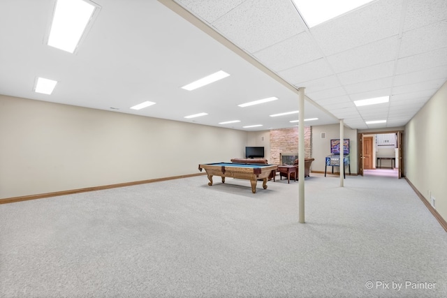 rec room with carpet, pool table, a paneled ceiling, and baseboards