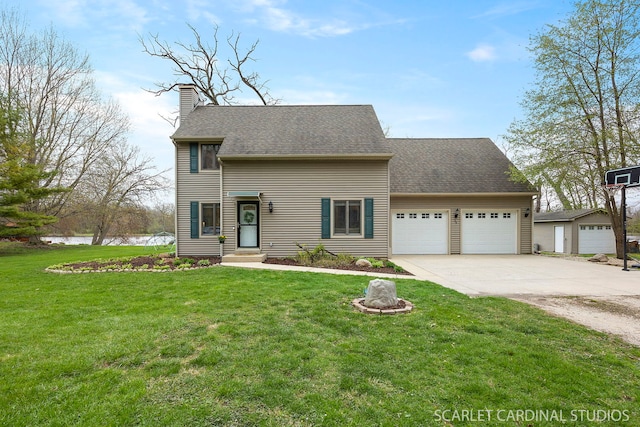 traditional home with roof with shingles, a chimney, concrete driveway, a garage, and a front yard
