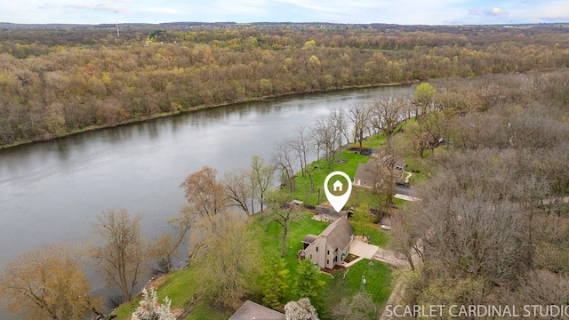 bird's eye view with a water view and a wooded view