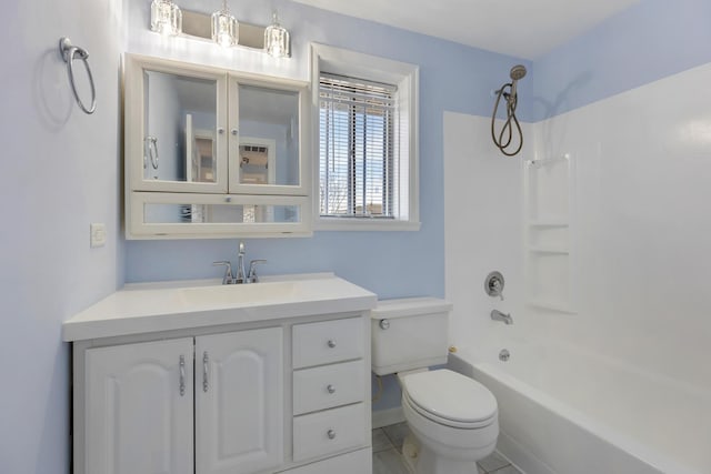 bathroom with bathing tub / shower combination, vanity, toilet, and baseboards