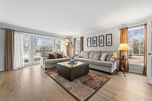 living room featuring baseboards, light wood-style flooring, and crown molding