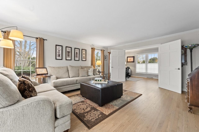 living area featuring light wood-type flooring, ornamental molding, and a wealth of natural light