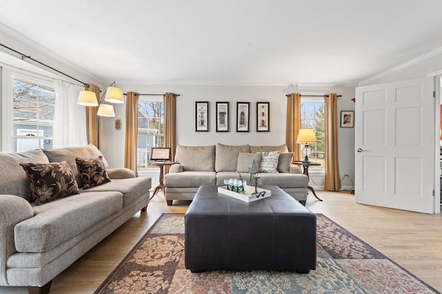 living room featuring light wood-type flooring and crown molding