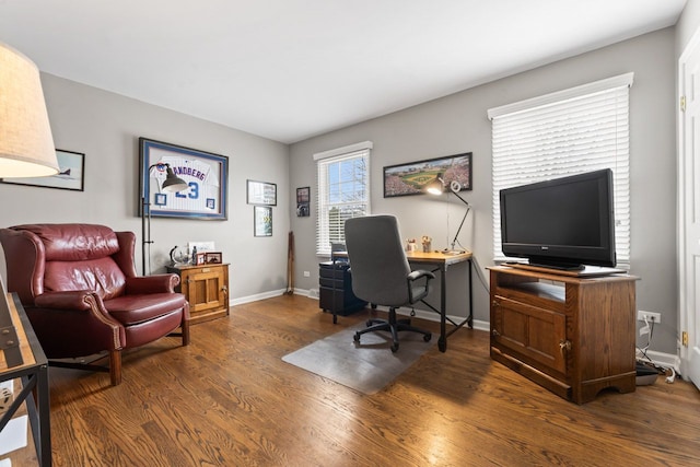 office with baseboards and wood finished floors