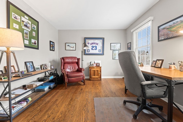 office with baseboards and wood finished floors