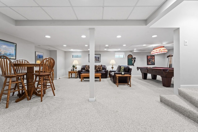 recreation room with a drop ceiling, recessed lighting, pool table, baseboards, and carpet