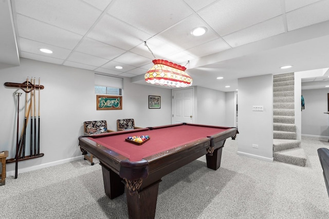 recreation room with recessed lighting, carpet, and baseboards