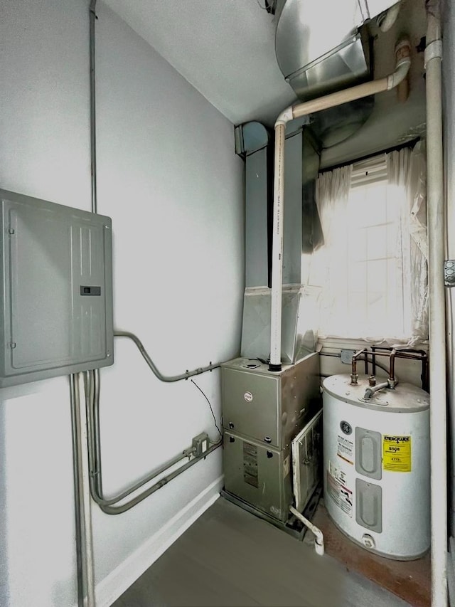 utility room with electric panel and water heater