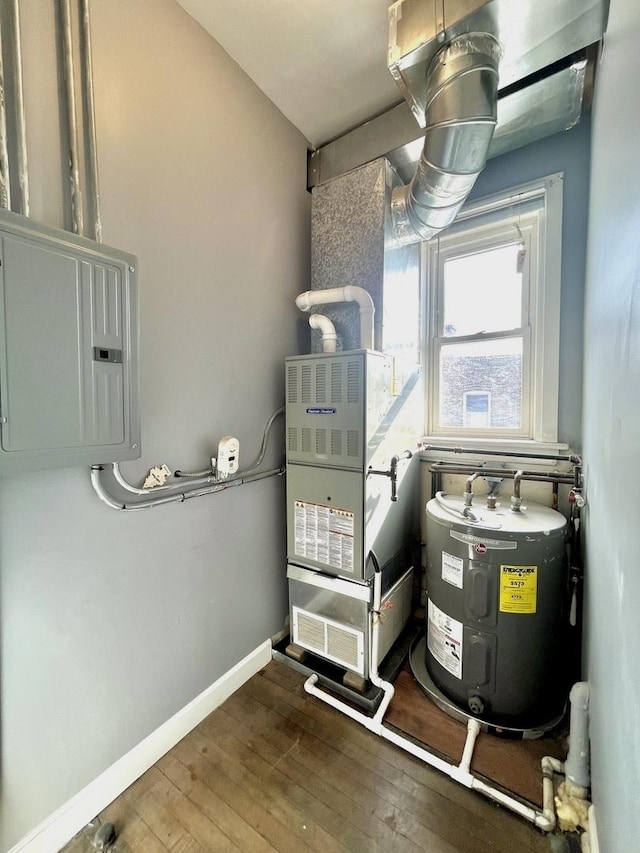 utility room featuring electric panel and water heater