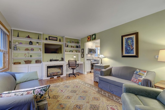 living area with a fireplace and light wood-style floors