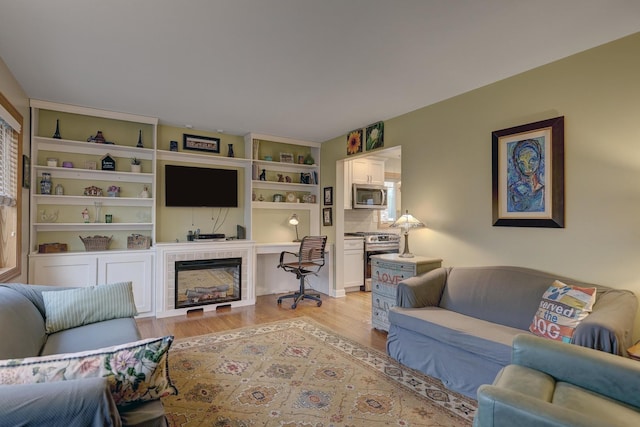 living area featuring a fireplace and light wood-style flooring