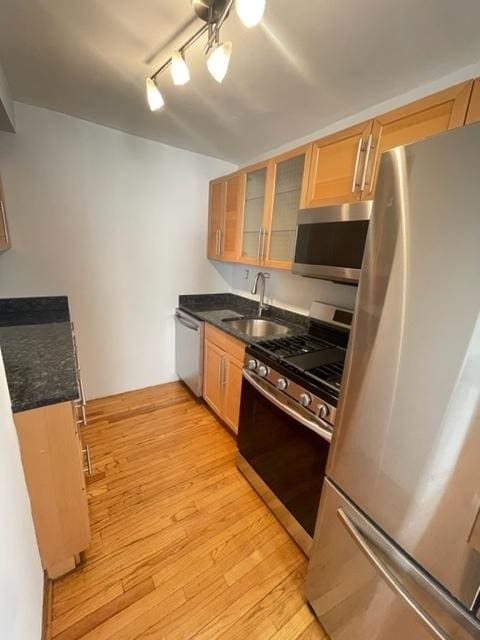 kitchen with light wood-style flooring, a sink, appliances with stainless steel finishes, glass insert cabinets, and track lighting