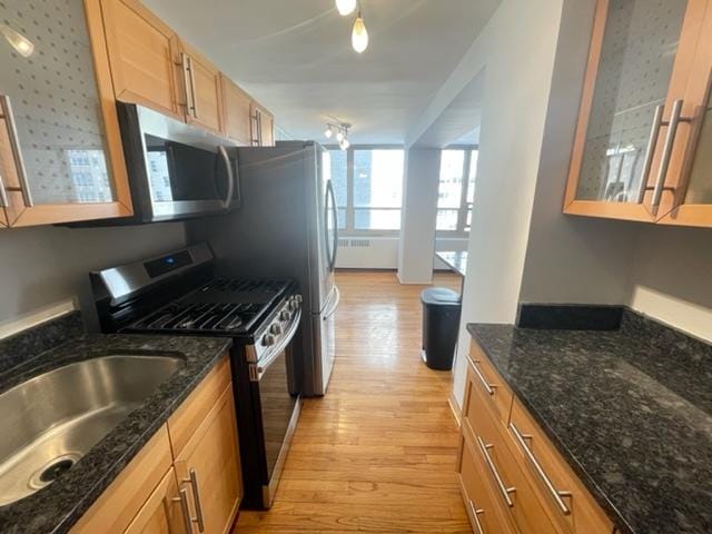 kitchen with light wood finished floors, stainless steel appliances, glass insert cabinets, a sink, and dark stone countertops