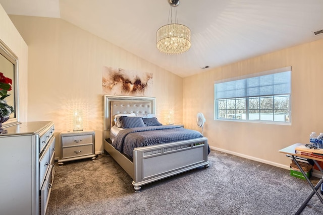 bedroom with dark colored carpet, visible vents, vaulted ceiling, a chandelier, and baseboards