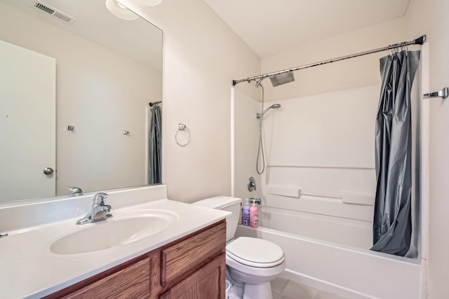 full bath featuring shower / tub combo, visible vents, vanity, and toilet