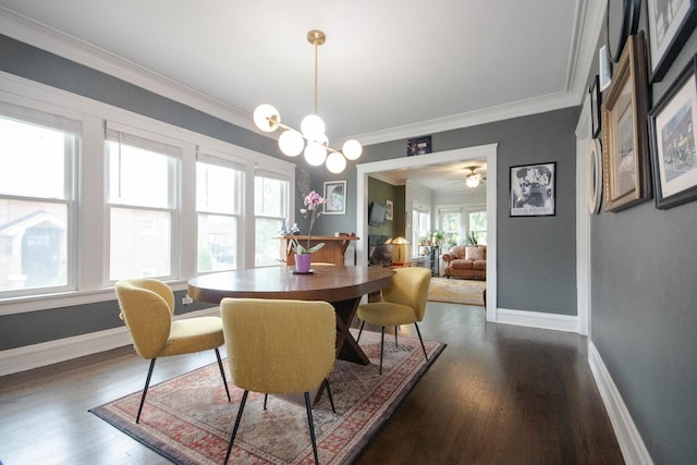 7940 S Oglesby Ave, Chicago, IL 60617 - dining space featuring ornamental molding, plenty of natural light, baseboards, dark wood-style flooring, and ceiling fan