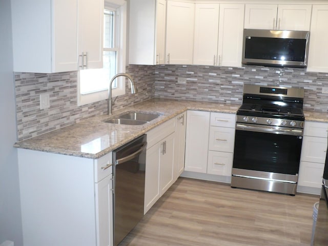 kitchen featuring light wood-style flooring, stainless steel appliances, a sink, white cabinetry, and decorative backsplash