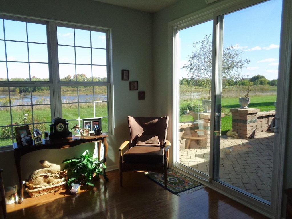 entryway with a healthy amount of sunlight, a water view, and wood finished floors