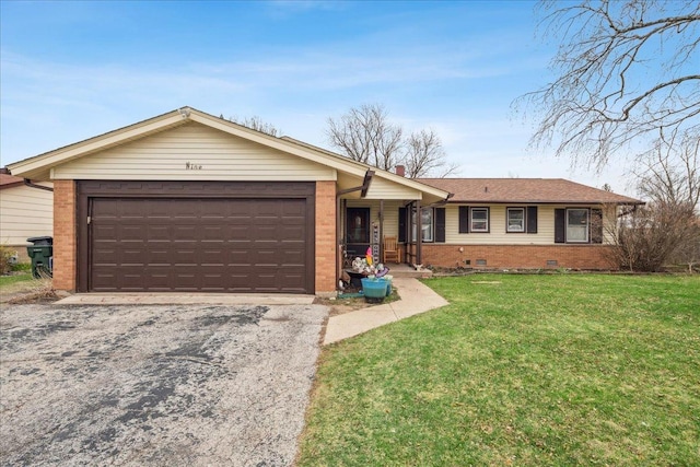 9 Forest Ln, Elk Grove Village, IL 60007 - ranch-style home with driveway, crawl space, a front yard, brick siding, and a garage