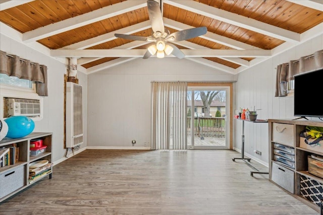 9 Forest Ln, Elk Grove Village, IL 60007 - playroom with a ceiling fan, wood finished floors, wood walls, wooden ceiling, and vaulted ceiling with beams