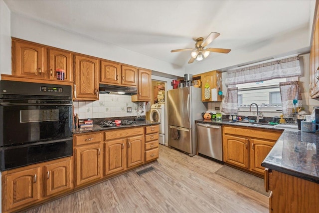 9 Forest Ln, Elk Grove Village, IL 60007 - kitchen featuring a sink, ceiling fan, under cabinet range hood, a warming drawer, and stainless steel appliances